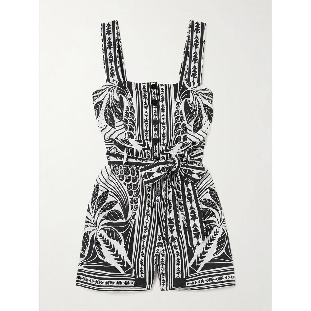 FARM RIO Monochrome Elegance belted shirred printed linen-blend playsuit - Picture 2 of 5